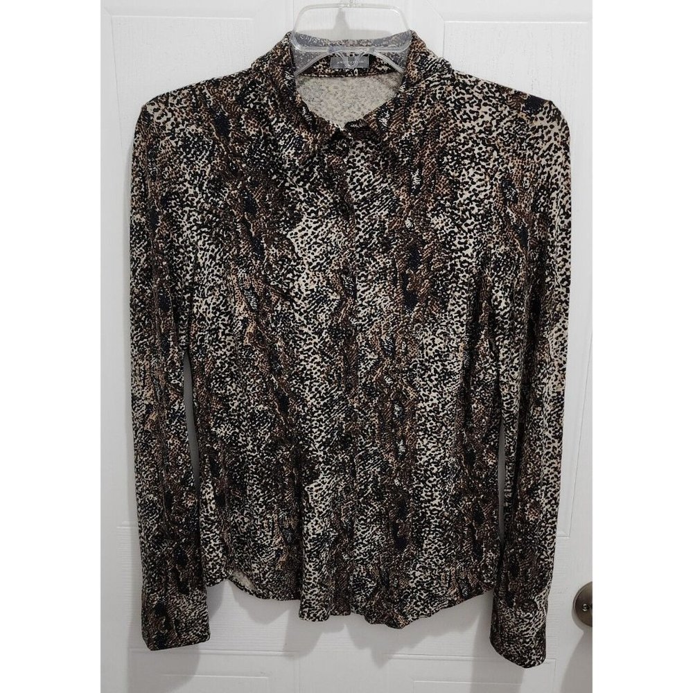 Ann Taylor Womens Long Sleeve Button Front Collared Blouse Top Animal Print Sz M